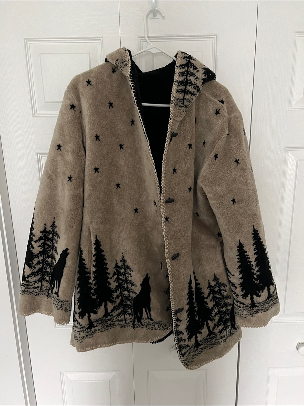 Reversible Hooded Jacket with Black Forest and Wolf Silhouette